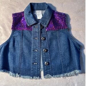Weissman Kids IC Blue Denim Sequin Dance Vest Purple Sparkle Frayed Hem